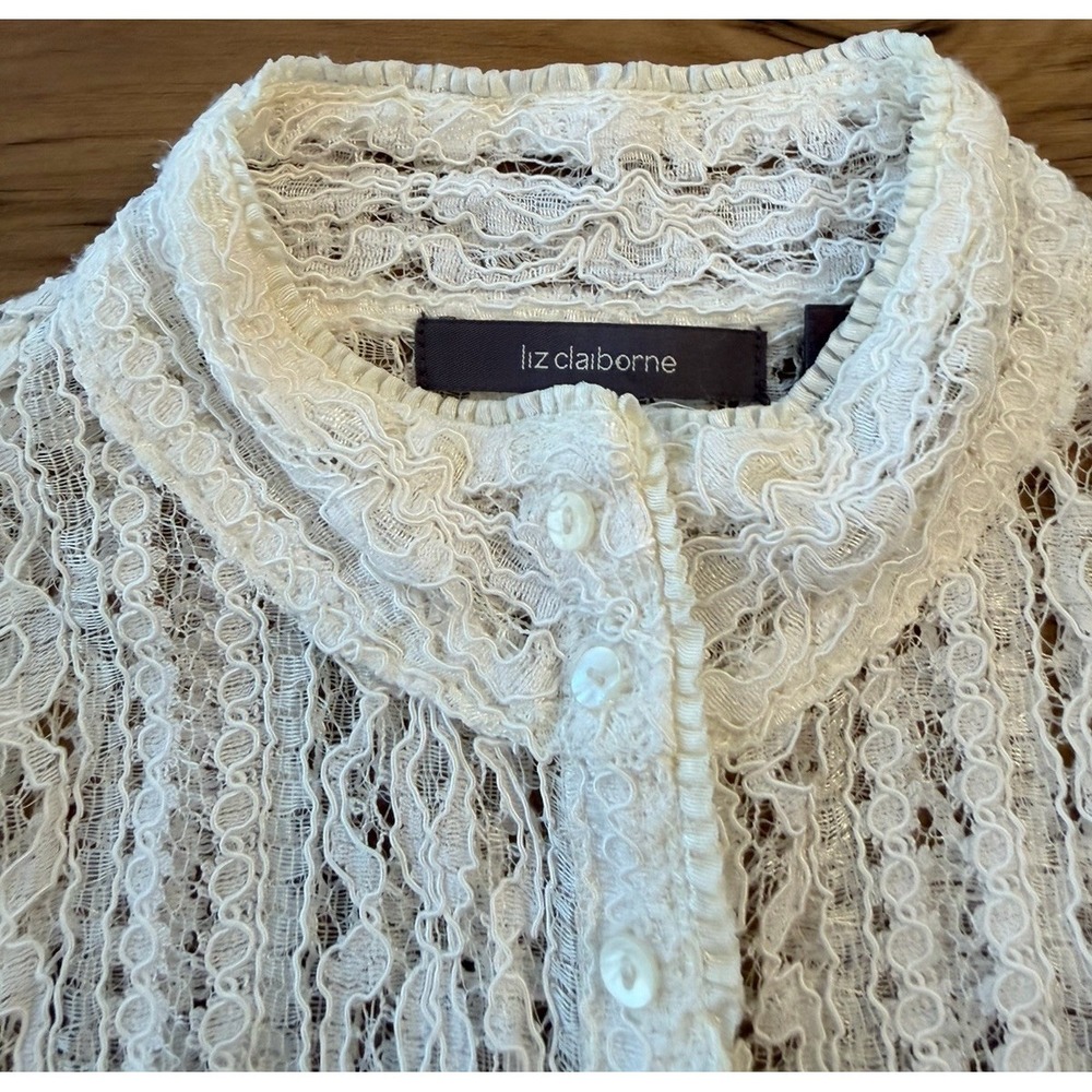 Liz‎ Claiborne Ivory Lace Blouse Sheer Romantic Victorian Style Boho Fairy Top M - Picture 13 of 14